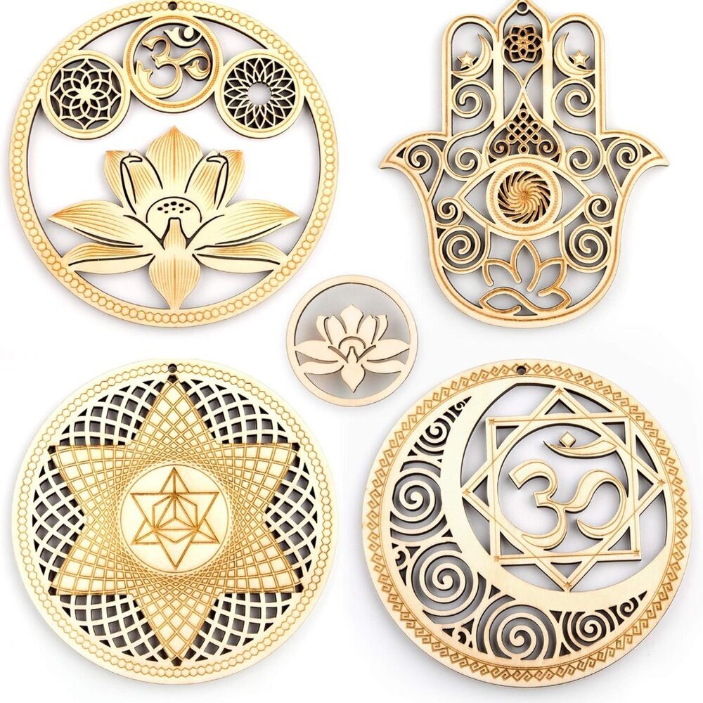 5.31" Sacred Geometry Wall Art 4 PCS Set, Sacred Lotus, Hamsa Hand, Soul Star, U